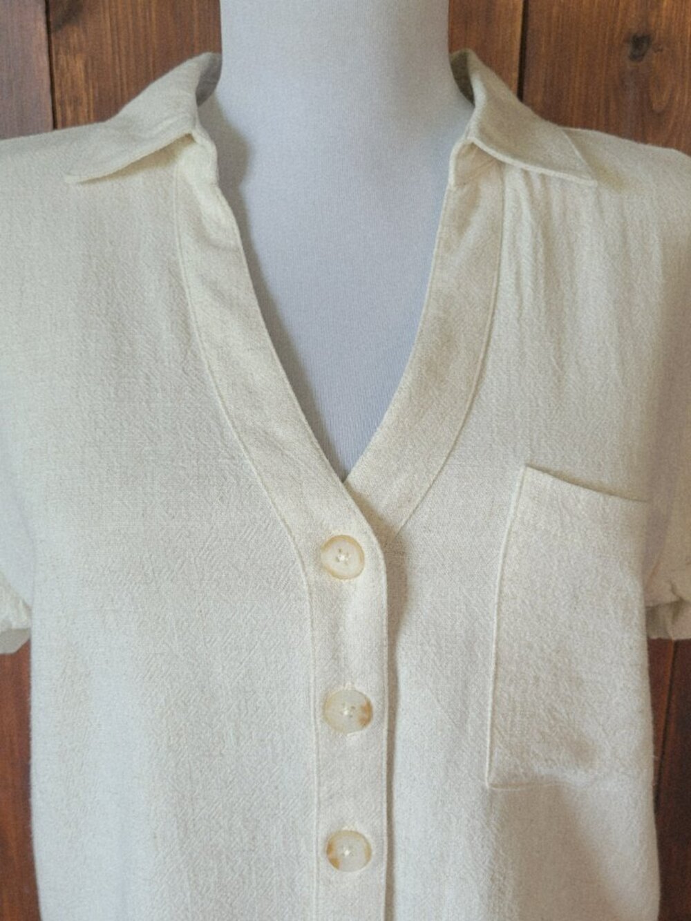 Love Notes Crop Top Button Down Women Small Linen Rayon Cream Pocket Casual Boho - Picture 4 of 11
